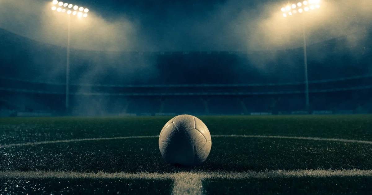 Ein Fussball liegt auf der Strafraumlinie eines nassen Rasens, dahinter stehen Flutlichtmasten im aufsteigenden Nebel.