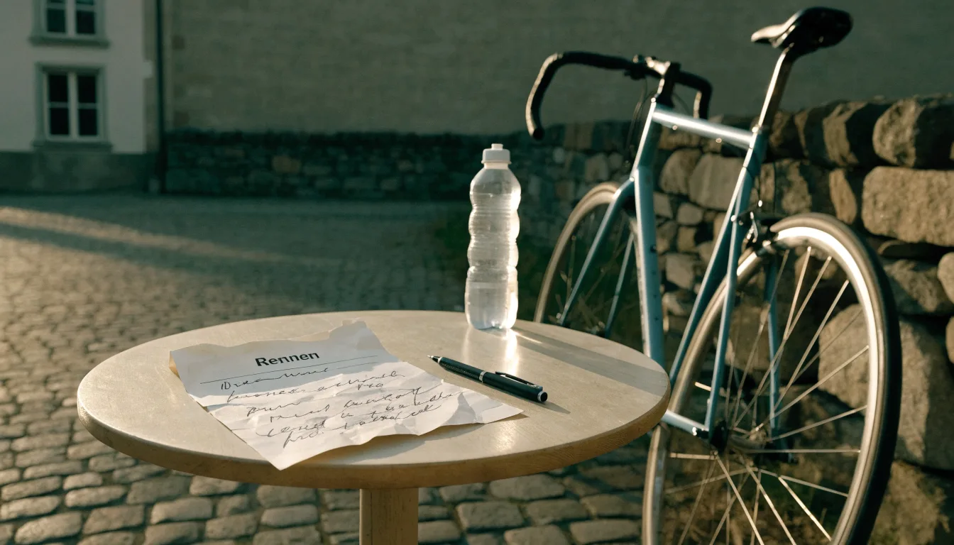 Ein Rennrad lehnt an einer Steinmauer am Rand eines Dorfplatzes, daneben eine Trinkflasche im ersten Sonnenlicht.