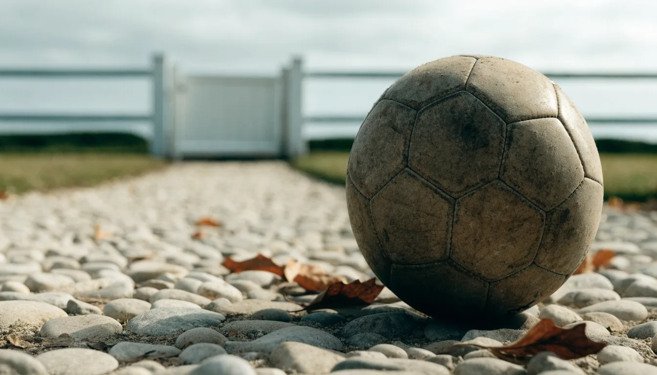 Ein abgenutzter Fussball liegt auf einem Kiesweg neben dem Eingang eines Vereinsplatzes, Laub liegt auf dem Boden.
