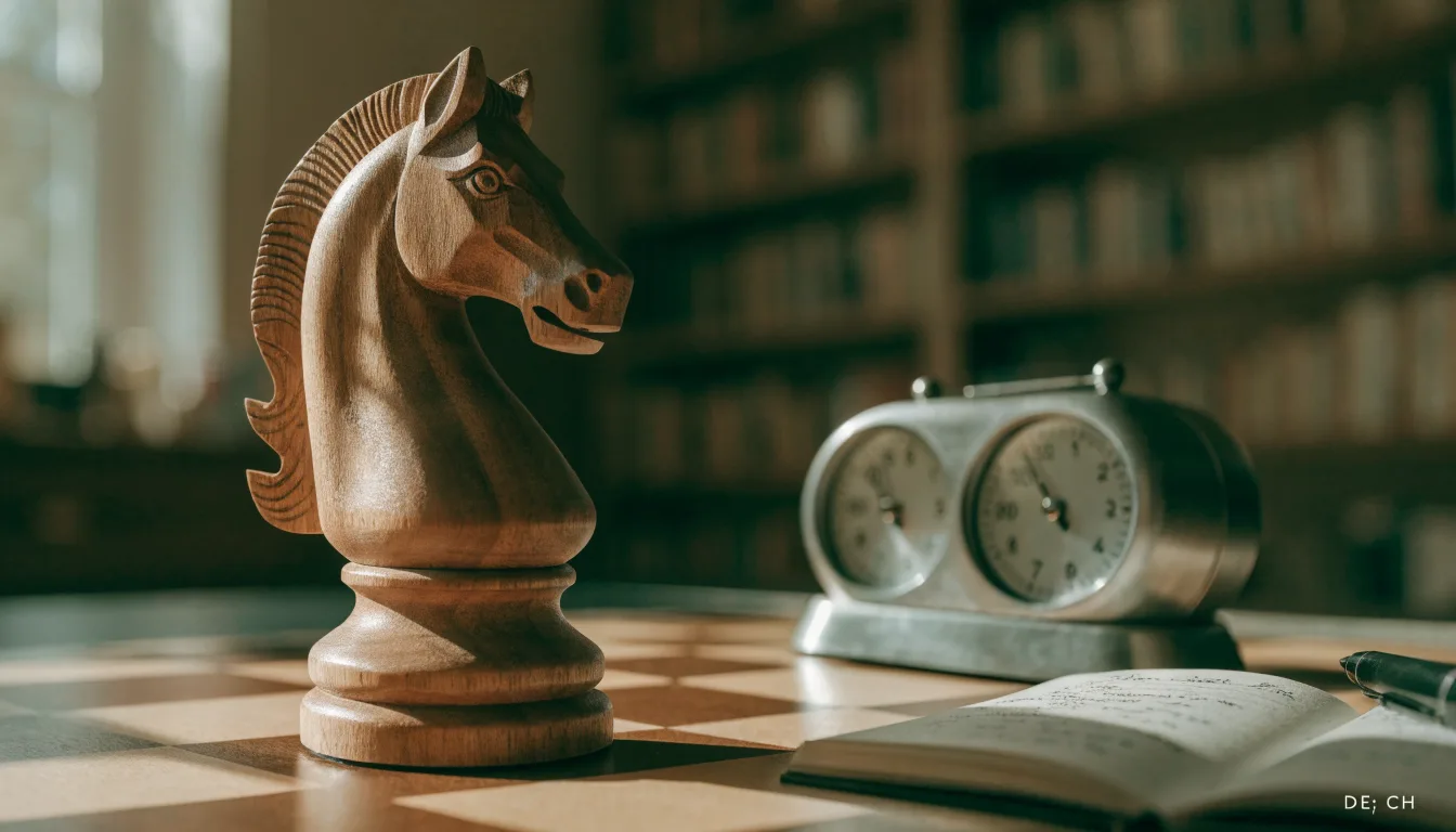 Ein Springer aus Holz steht allein auf einem Brett neben einer Schachuhr aus Metall, im Hintergrund unscharfe Bücherregale.