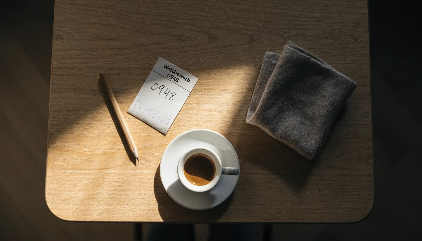 Eine Espressotasse und ein Bleistift liegen auf einem Caféhaustisch neben einer gefalteten Stoffserviette im Licht der Morgensonne.