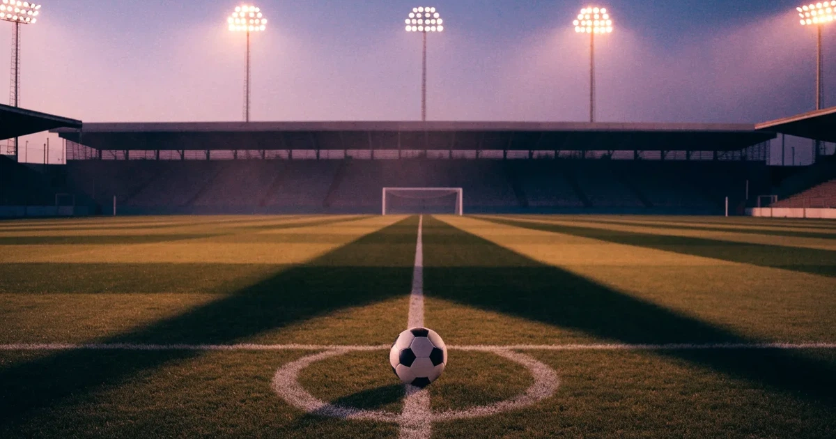 Ein Fussball liegt auf dem Anstosspunkt eines leeren Rasenplatzes in der Abenddämmerung, dahinter leuchten Flutlichtmasten über einer Tribüne.