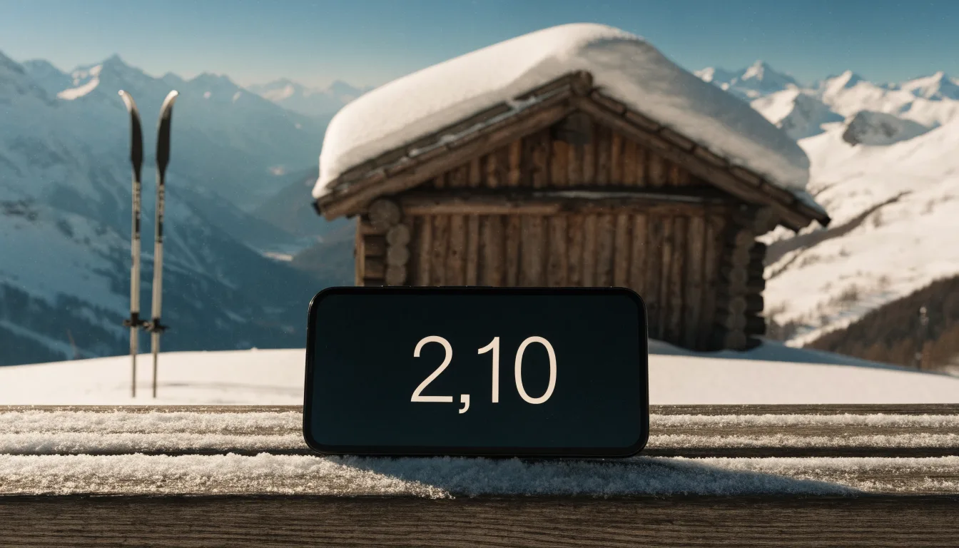 Zwei Skier stecken aufrecht im Schnee neben einer Holzhütte, dahinter ein weites Alpenpanorama bei klarem Himmel.