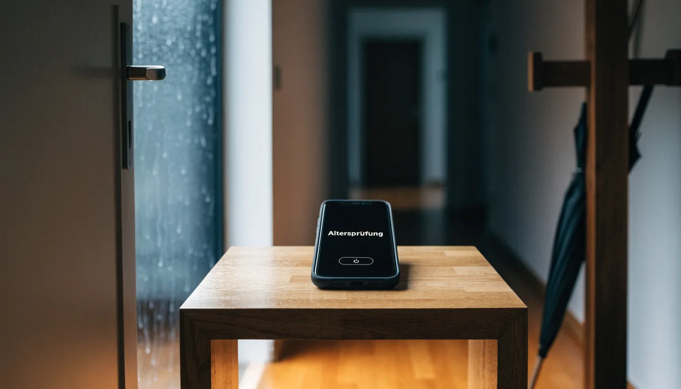 Eine Garderobe aus Holz mit einem dunklen Regenschirm in einem stillen Korridor, am Fenster rinnt Regen herunter.