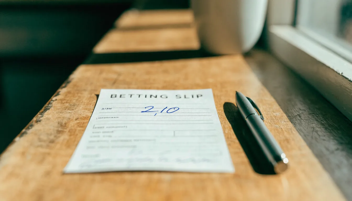 Ein leerer Wettschein aus Papier und ein Kugelschreiber liegen auf einer hölzernen Theke im Nachmittagslicht.