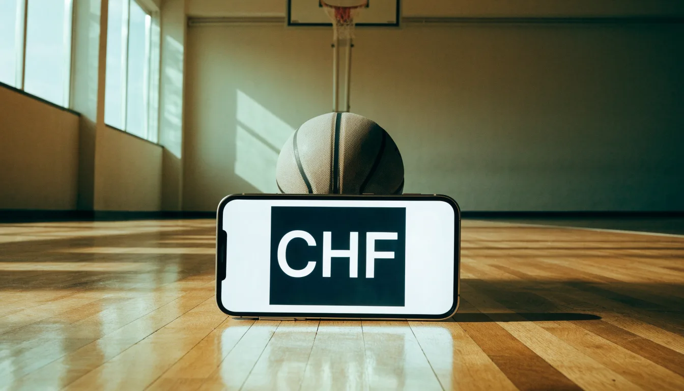Ein Basketballkorb hängt in einer leeren Turnhalle, durch hohe Fenster fällt Licht auf das Holzparkett.