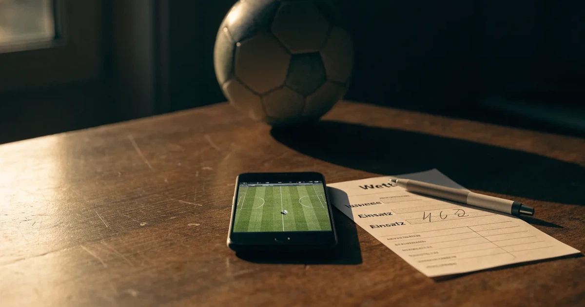 Eine leere Geldbörse aus Leder liegt geöffnet auf einem Tisch, daneben ein Kugelschreiber und ein Smartphone mit dunklem Display.