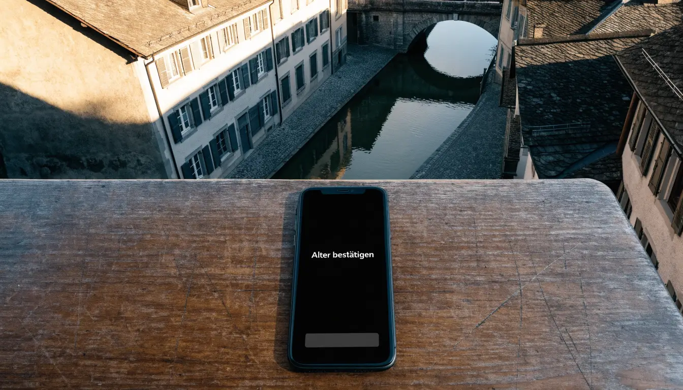 Ein steinerner Brückenbogen über einem Fluss in einer Schweizer Altstadt im ersten Morgenlicht.
