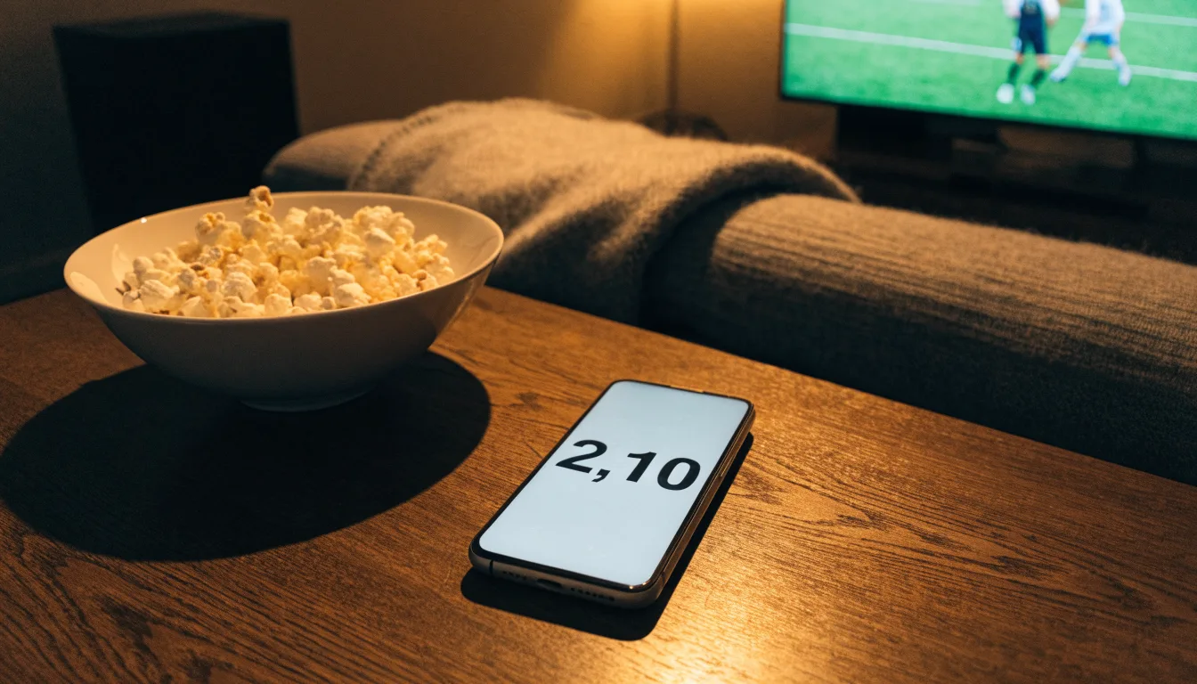 Ein Sofa mit Wolldecke und eine Schale Popcorn auf dem Couchtisch in einem Wohnzimmer bei Lampenlicht am späten Abend.