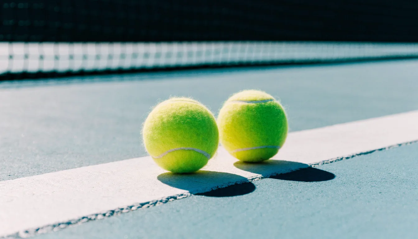 Zwei Tennisbälle liegen auf der weissen Grundlinie eines Hartplatzes im grellen Sonnenlicht.