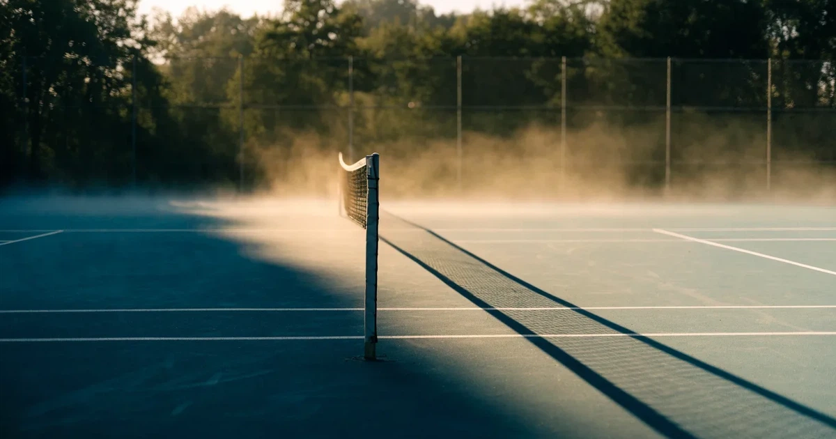Ein leerer Tennisplatz im Morgengrauen, der Netzschatten fällt lang über den Platz, über der Grundlinie liegt leichter Nebel.