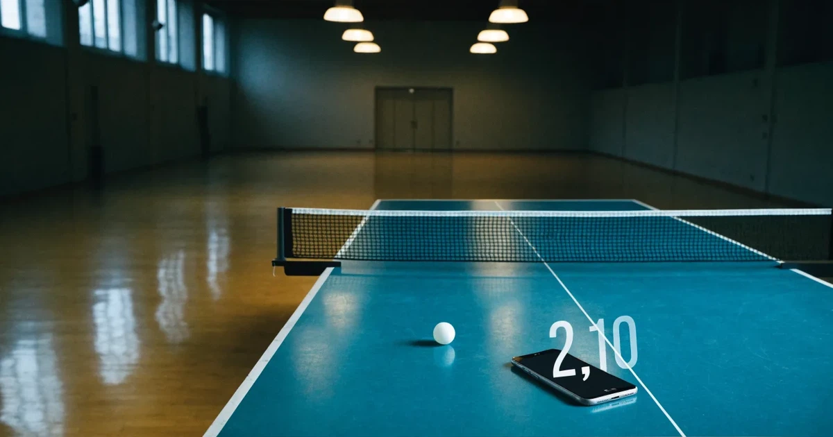 Eine Tischtennisplatte mit Netz in einer leeren Sporthalle, ein heller Ball liegt auf einer Seite, Deckenlicht spiegelt sich im Hallenboden.