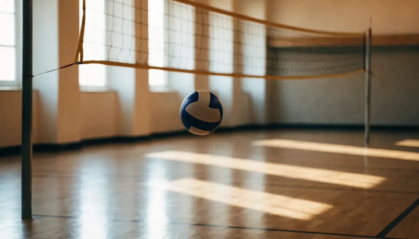 Eine Sporthalle mit gespanntem Volleyballnetz über poliertem Holzboden, hohe Fenster lassen Tageslicht herein.