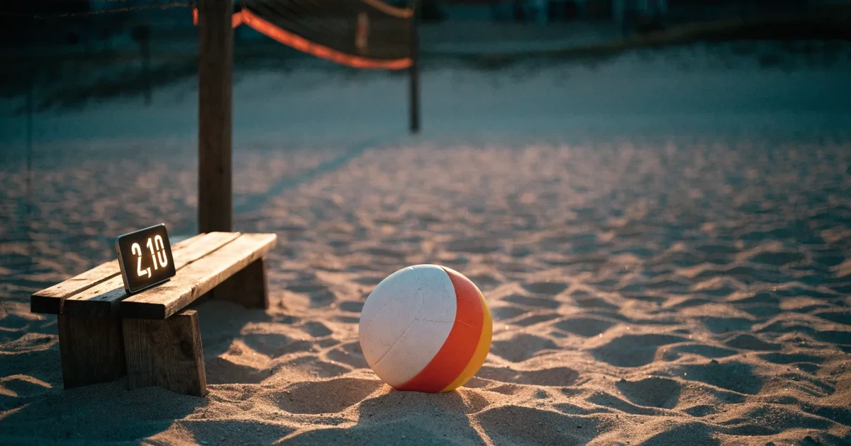 Ein Volleyball liegt im Sand eines Beachplatzes, zwischen zwei Pfosten ist ein Netz gespannt, tiefe Abendsonne wirft lange Schatten.