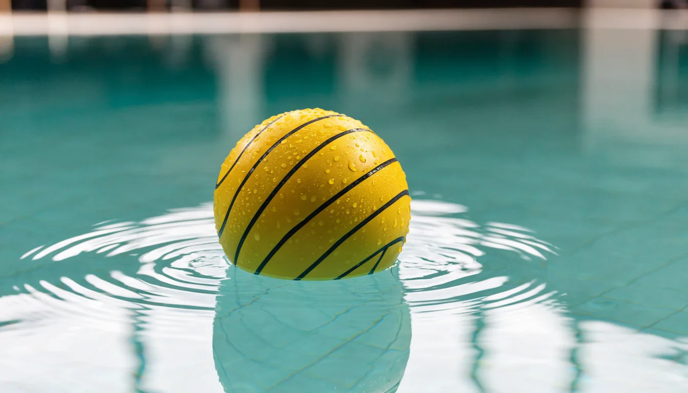 Ein gelber Ball treibt auf ruhigem türkisfarbenem Beckenwasser, feine Wellen im weichen Licht.
