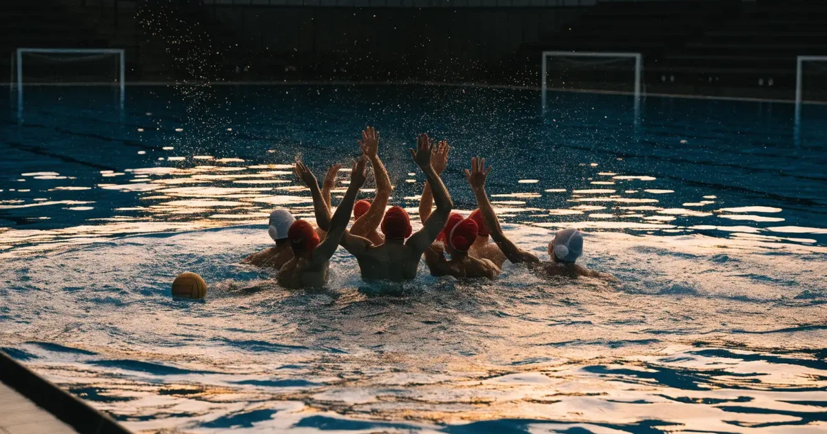 Ein Wasserballbecken am Abend mit zwei schwimmenden Torrahmen an den Enden, ruhiges blaues Wasser, leere Ränge.