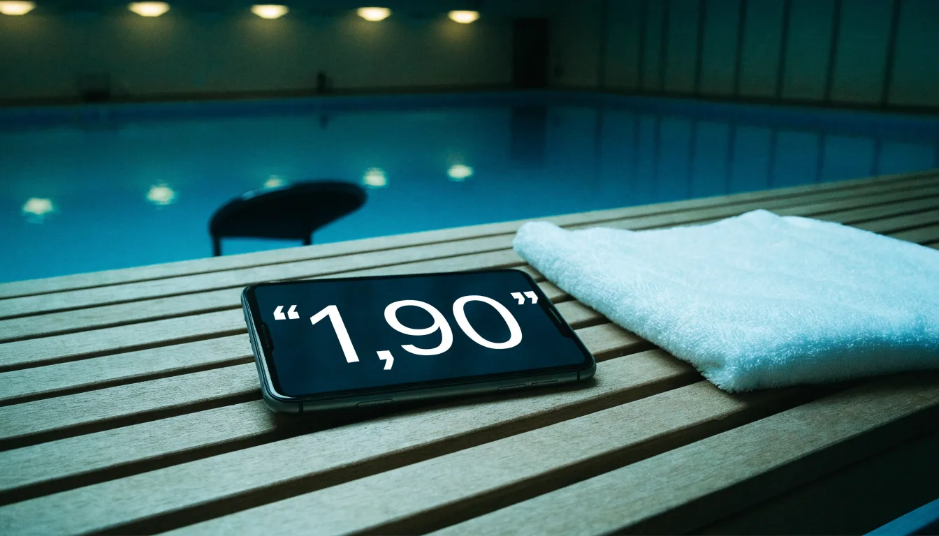 Ein Bademeisterstuhl neben einem Hallenbad zur Schliesszeit, gedimmtes Licht, glatte Wasseroberfläche.