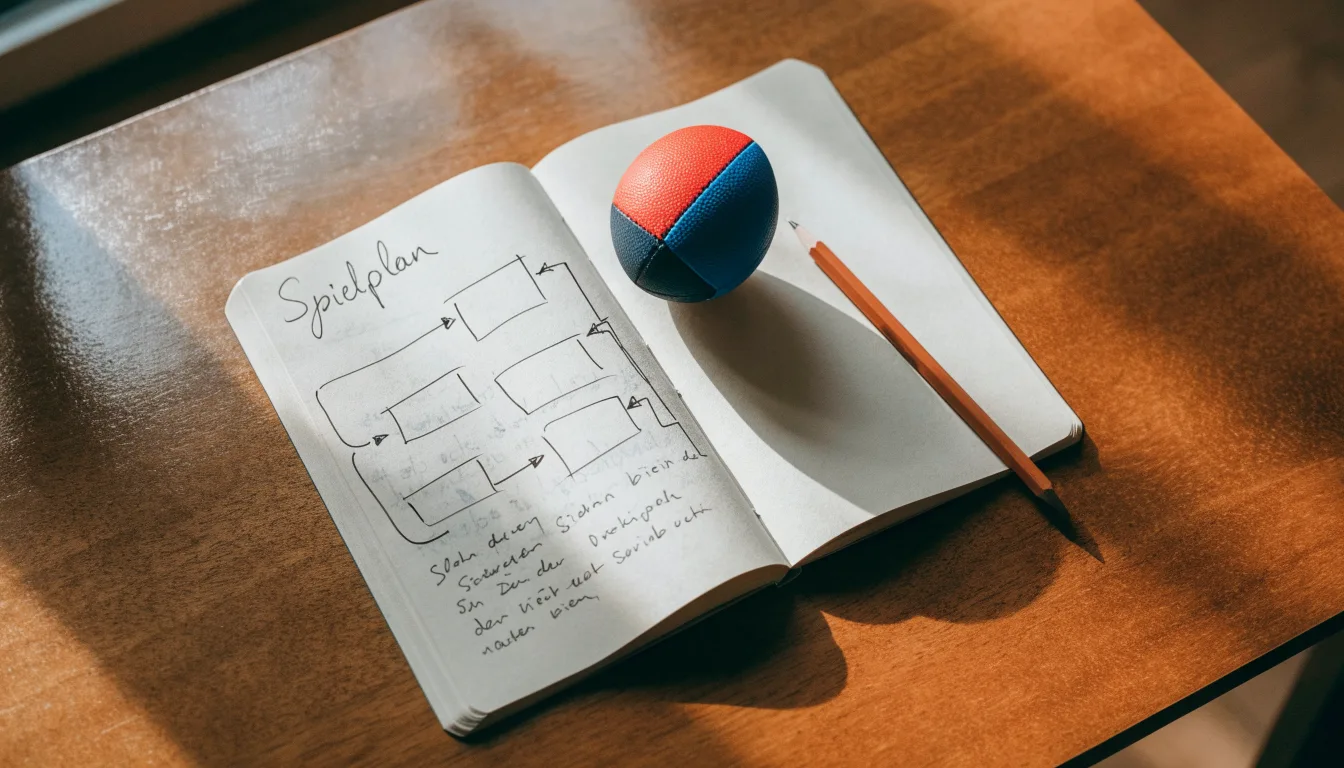 Ein aufgeschlagenes Notizbuch mit Bleistiftskizzen und ein kleiner Fussball liegen auf einem Holztisch im Tageslicht.