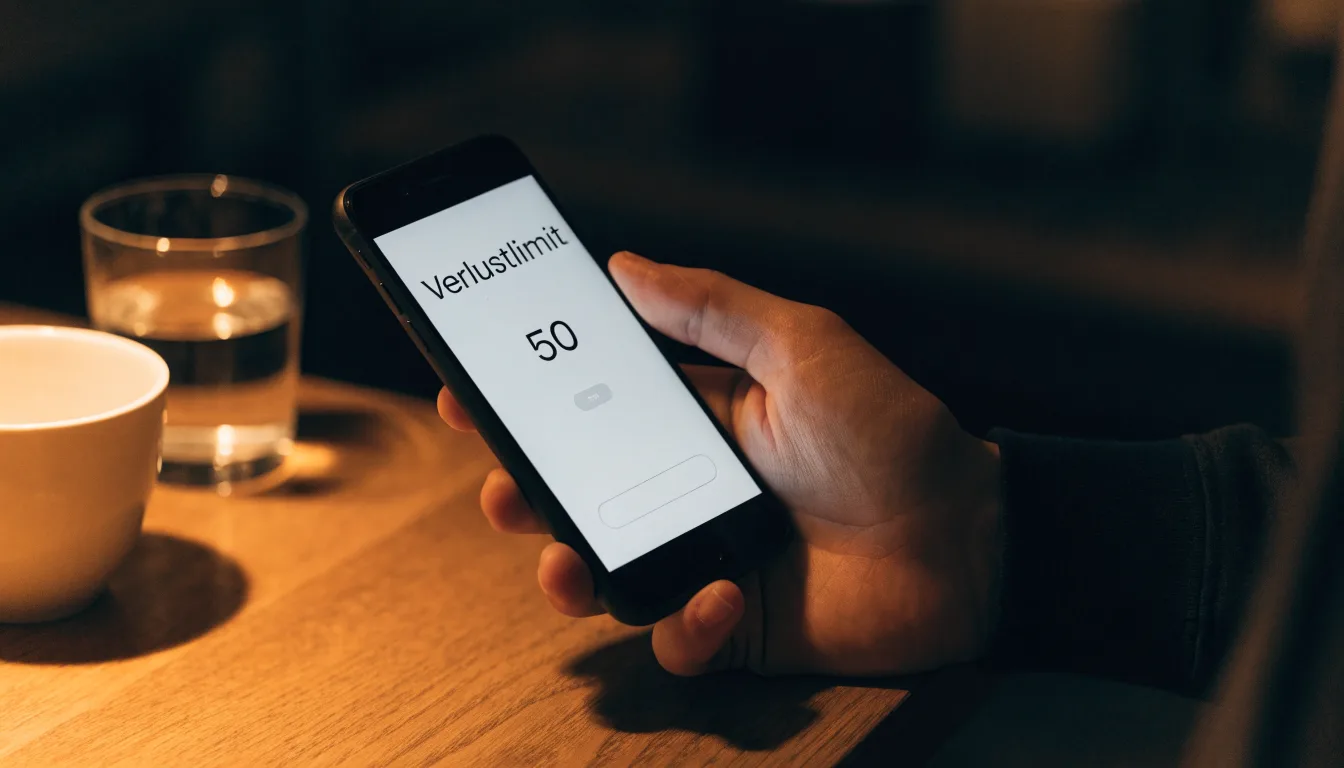 Ein Smartphone mit dunklem Display liegt neben einer Kaffeetasse und einem Glas Wasser auf einem Holztisch im Licht einer Lampe.