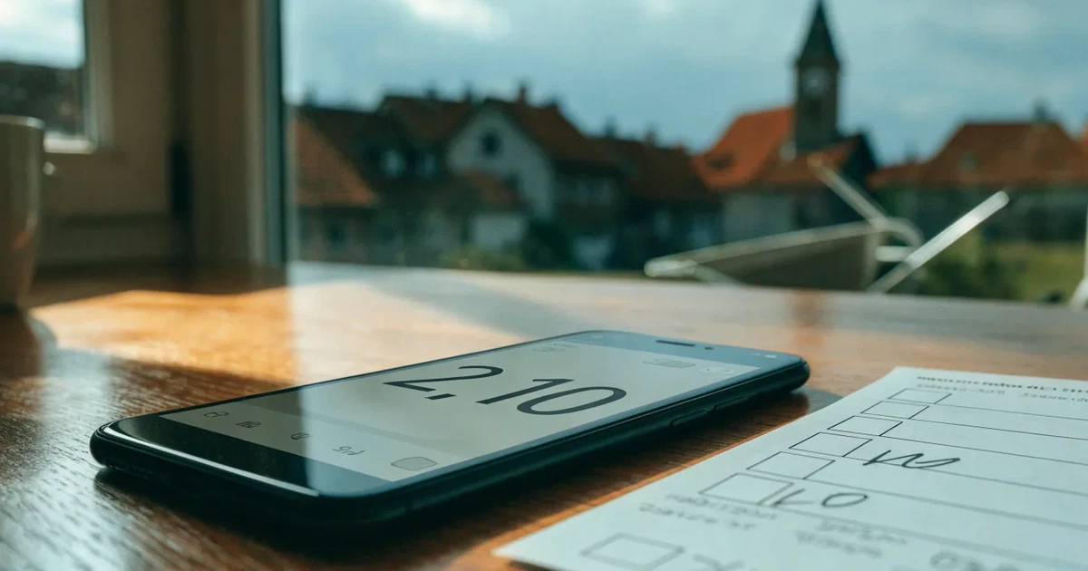 Ein Sparschwein aus Keramik steht auf einem Küchentisch neben einem Smartphone mit dunklem Display, im Fenster dahinter ein Schweizer Dorf im Morgenlicht.