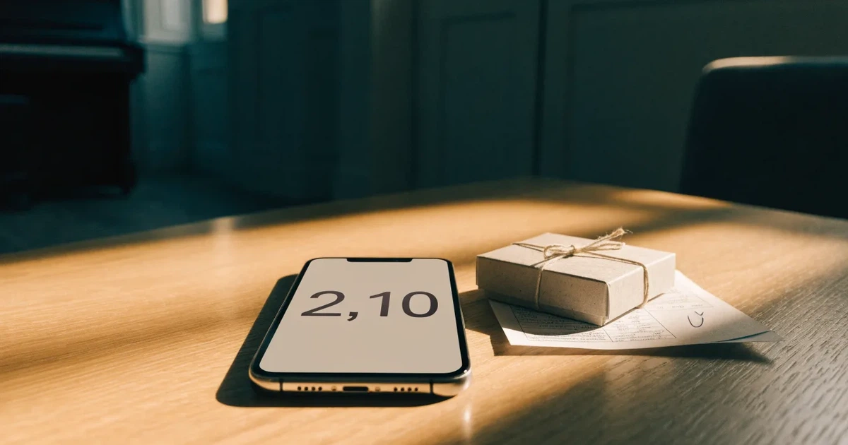 Ein kleines Geschenk mit Schleife steht auf einem Holztisch neben einem Smartphone mit dunklem Display im Seitenlicht.