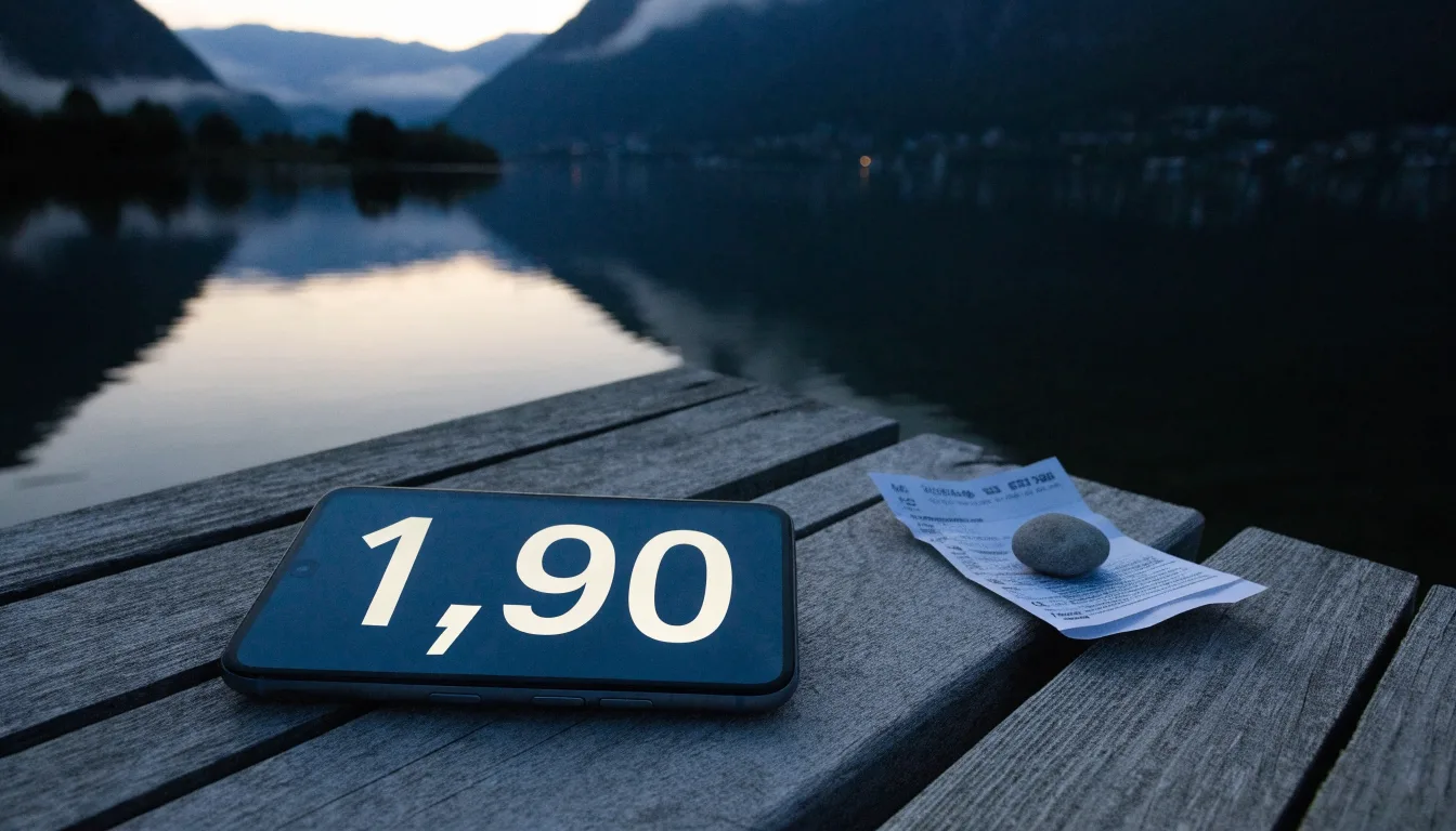 Ein Bergsee in der Dämmerung mit einem leeren Holzsteg, die Wasseroberfläche ist ruhig und Nebel zieht über die Hänge.