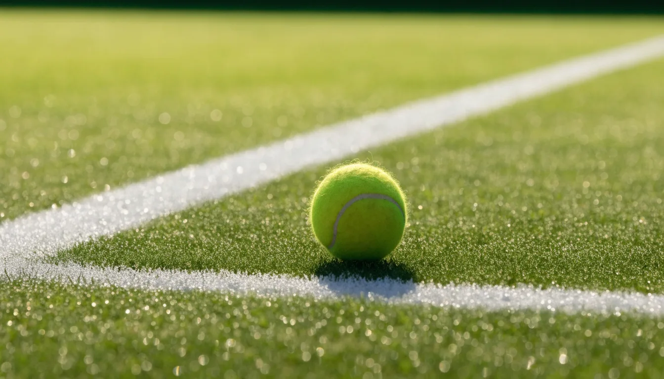 Ein gelber Tennisball liegt im Gras neben der weissen Grundlinie, Tau glitzert auf den Halmen im flachen Sonnenlicht.