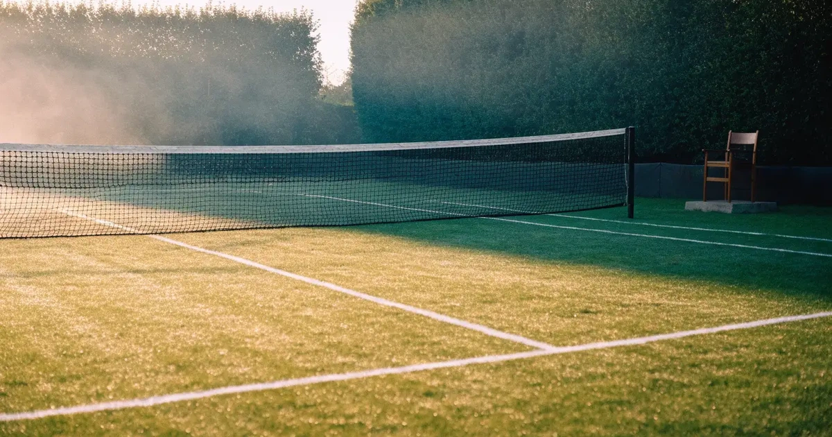 Ein Tennisplatz aus Rasen im ersten Morgenlicht mit frisch gezogenen Linien, einem Netz und einem leeren Schiedsrichterstuhl, dahinter hohe Hecken.