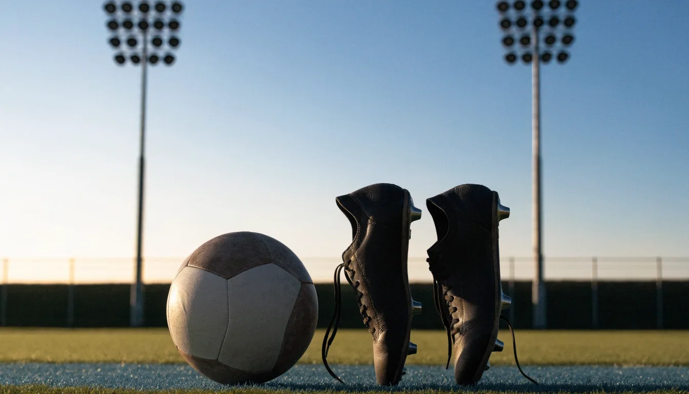 Ein Fussball und ein Paar Stollenschuhe stehen am Rand eines Kunstrasenplatzes, Flutlichtmasten ragen in den Abendhimmel.