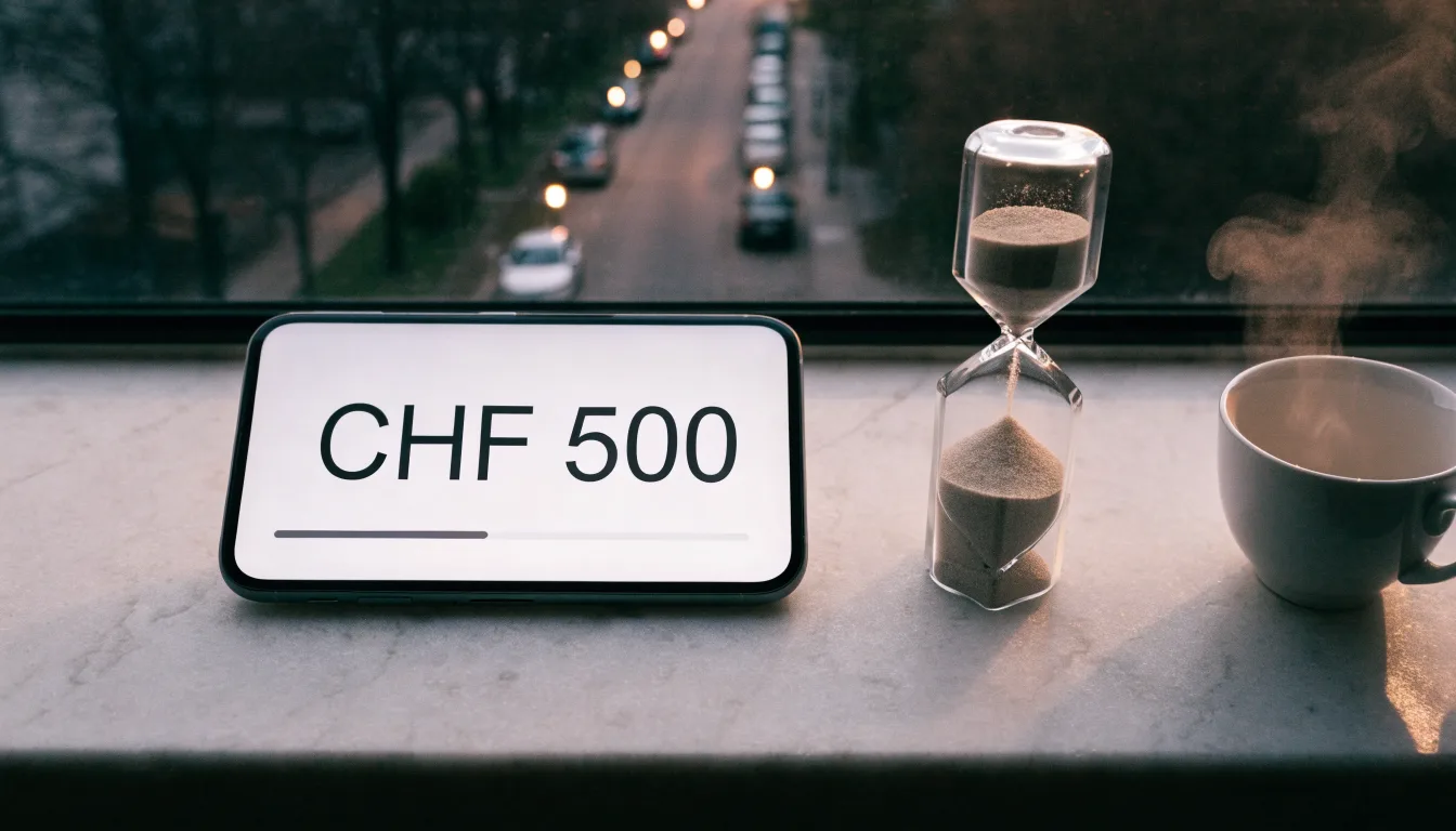 Eine Sanduhr steht auf einem Fensterbrett neben einer Tasse Tee, draussen dämmert es über einer ruhigen Strasse.