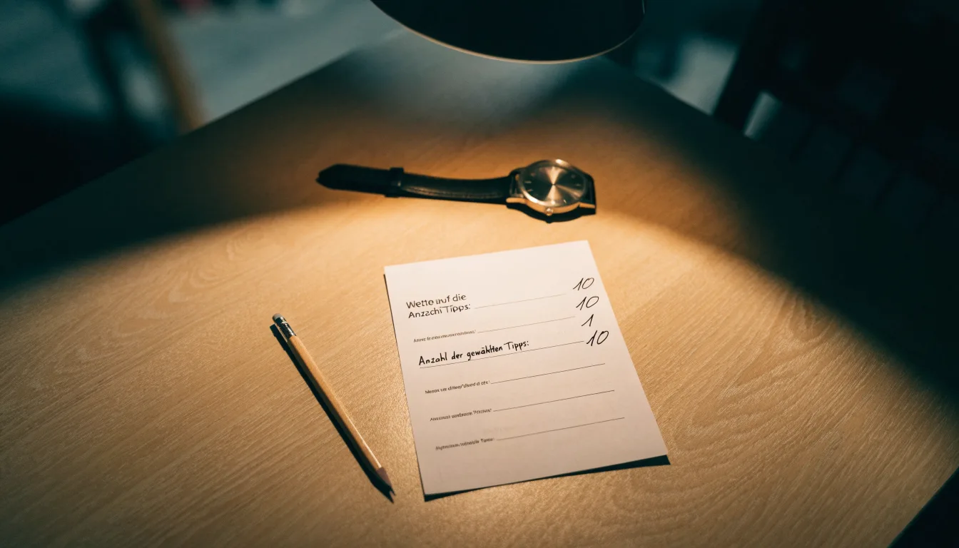 Eine Armbanduhr und ein gespitzter Bleistift liegen auf einem hellen Holztisch im Licht einer Schreibtischlampe.