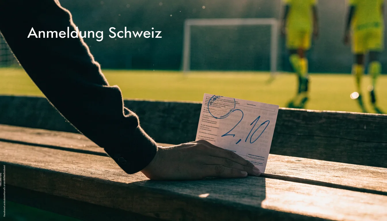 Ein Fussballschuh hängt an den Schnürsenkeln an einem Zaunpfosten neben einem Trainingsplatz im Abendlicht.