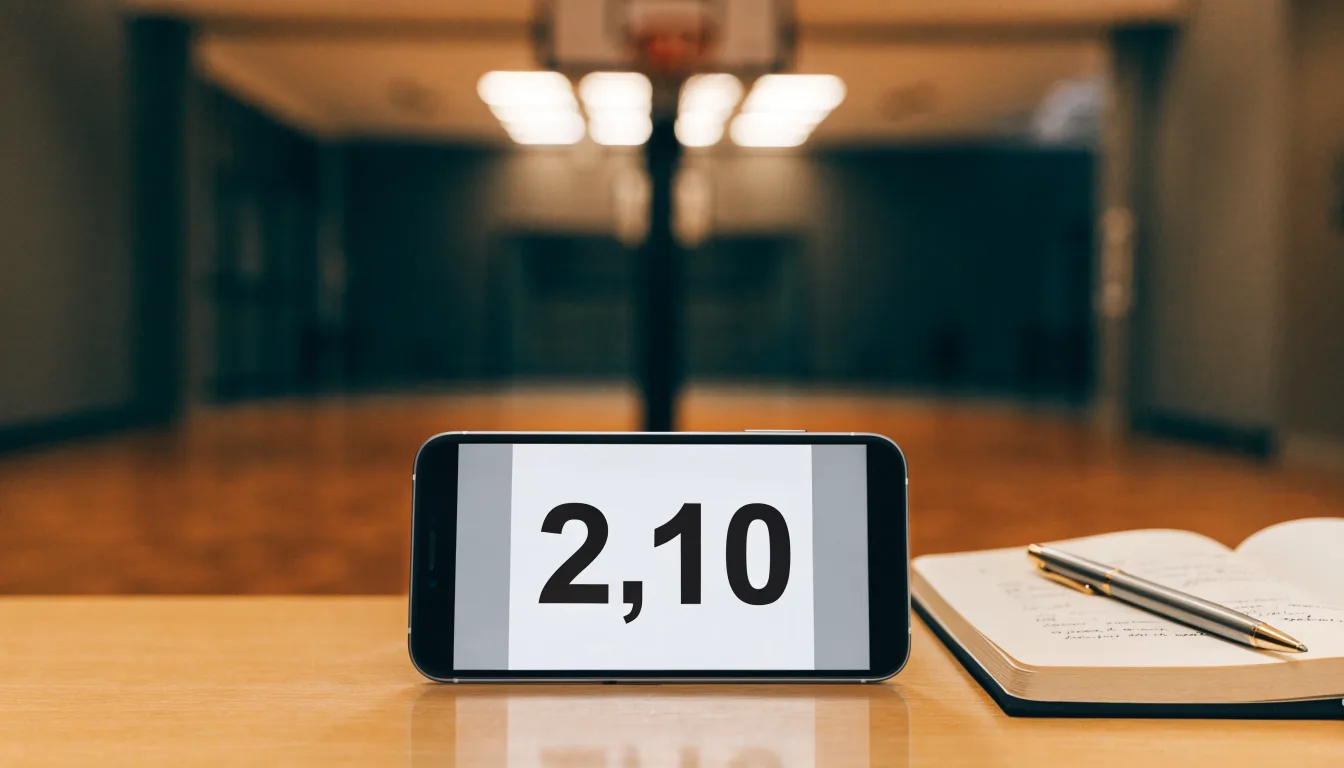 Ein Basketball liegt auf dem Parkett einer leeren Sporthalle im Licht der Deckenlampen.