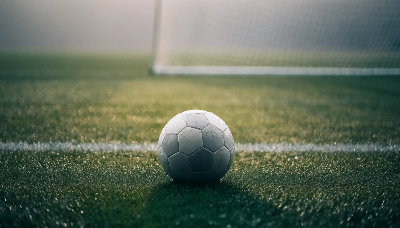 Ein einzelner Fussball liegt auf dem Elfmeterpunkt eines leeren Strafraums, der Rasen glänzt nass.