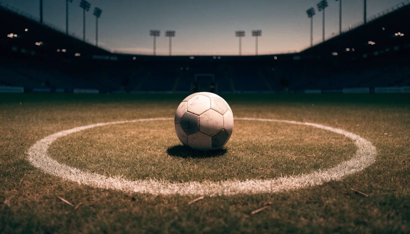 Ein Fussball liegt auf dem Mittelpunkt eines leeren Rasenplatzes, im Hintergrund ragen Flutlichtmasten in die Abenddämmerung