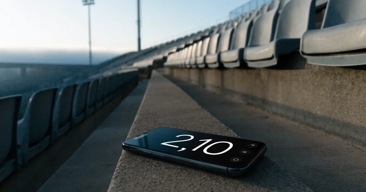 Ein einfarbiger grauer Schal liegt auf einer leeren Betontribüne, Raureif auf den Sitzen, kühles Morgenlicht über dem Stadion