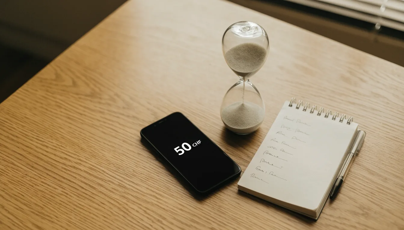 Eine Sanduhr steht neben einem Smartphone mit dunklem Display auf einem Holztisch, ruhiges Tageslicht fällt von der Seite ein