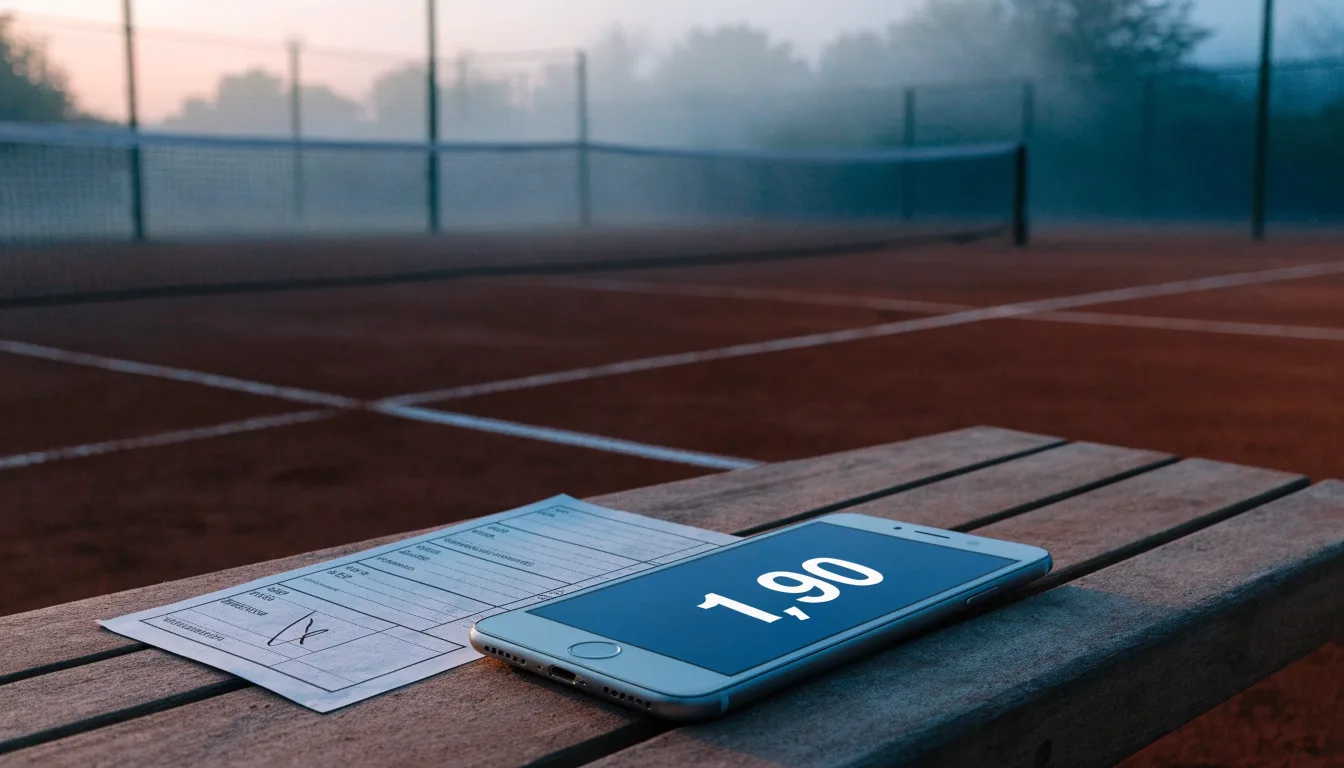 Ein Tennisplatz mit Sandbelag in der Morgendämmerung, Netz und Linien liegen im ersten Licht, Nebel hängt über dem Boden