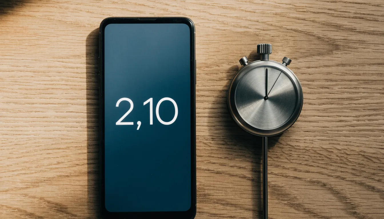 Eine Stoppuhr und ein Smartphone mit dunklem Display liegen nebeneinander auf einem Holztisch, weiches Fensterlicht