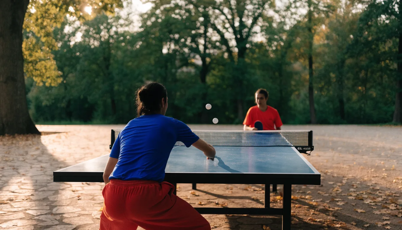 Eine Tischtennisplatte im Freien unter Bäumen, Herbstlaub liegt auf der Platte, das Licht fällt schräg durch die Äste