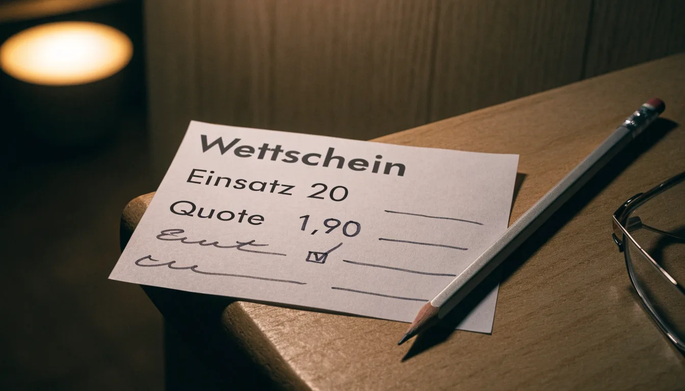 Ein leerer Wettschein aus Papier und ein Bleistift liegen auf einem Holztresen, warmes Licht einer Lampe