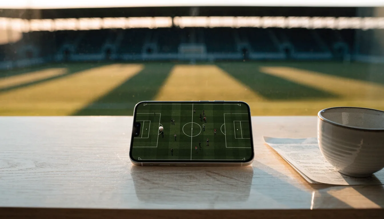 Eine leere Stadiontribüne bei Sonnenaufgang aus der Ferne, lange Schatten fallen über die Sitzreihen