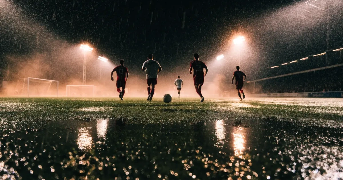 Ein Fussballplatz mit Kunstrasen im Regen, Pfützen spiegeln das Licht der Flutlichtmasten