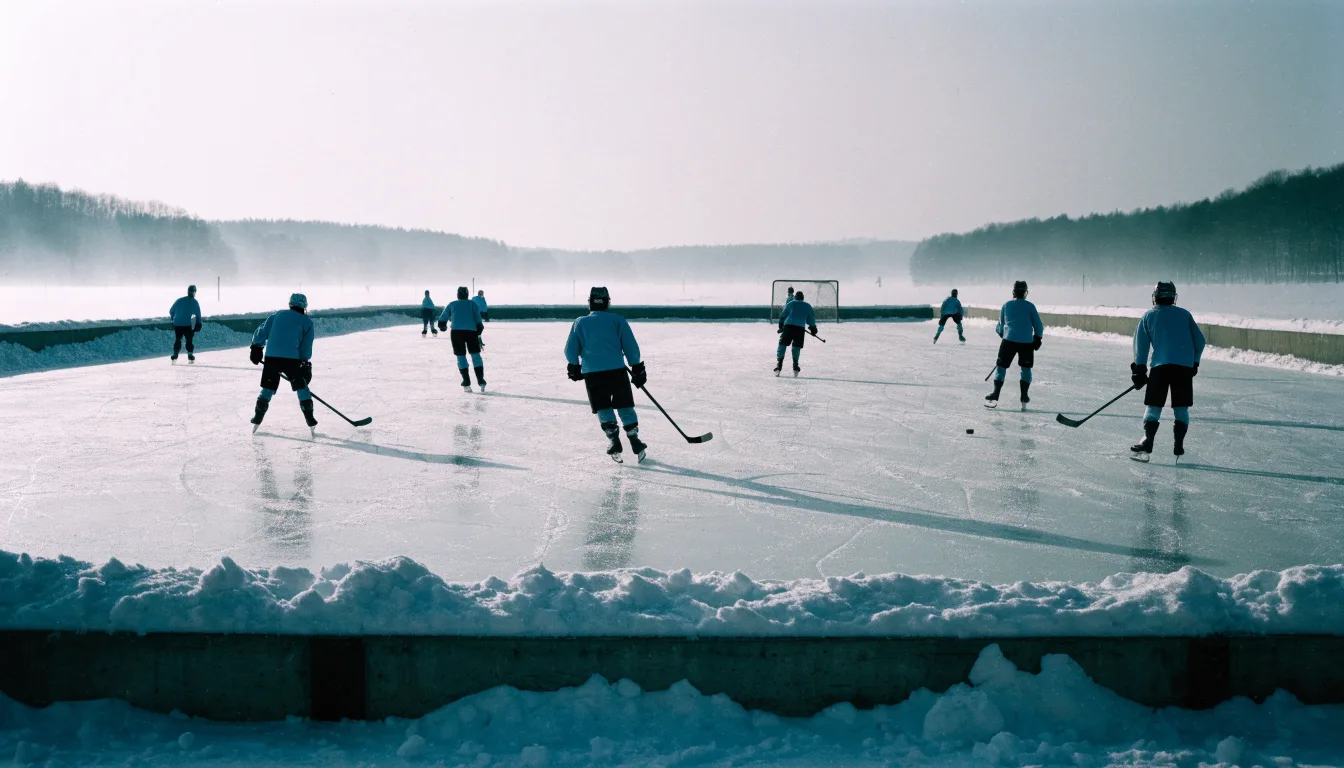 Ein Eishockeyfeld im Freien auf einem zugefrorenen See, Schneewehen an den Banden, klare Winterluft