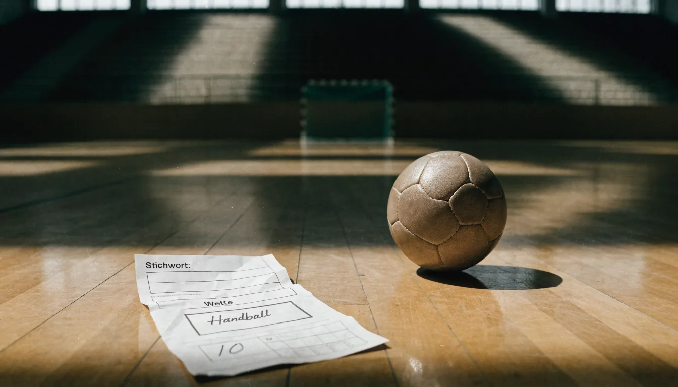 Ein Handball liegt auf dem Hallenboden einer leeren Sporthalle, Streifen von Licht aus den Oberlichtern