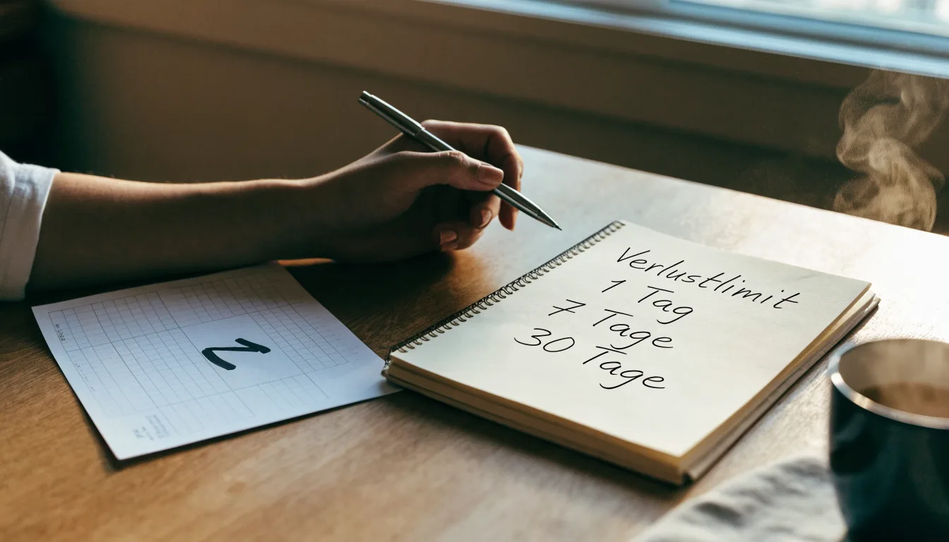 Eine Sanduhr steht neben einem Notizbuch mit handschriftlichen Notizen auf einem Holztisch, daneben dampft eine Tasse Tee.
