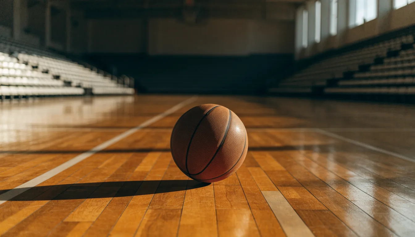 Ein Basketball ruht auf dem polierten Parkett einer leeren Halle, Nachmittagslicht fällt durch hohe Fenster.