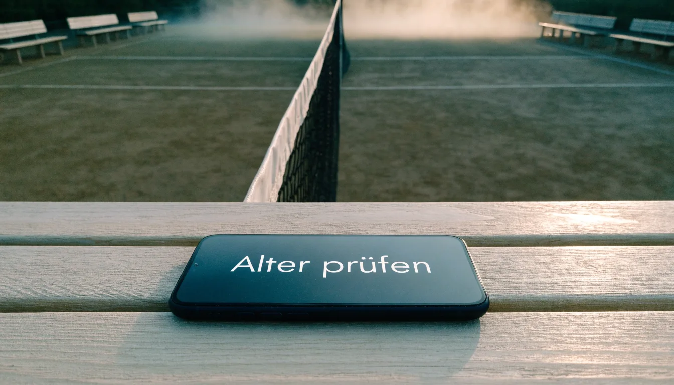 Ein gepflegter Tennisplatz im Morgengrauen, über der Grundlinie hängt leichter Nebel und die Bänke am Rand sind leer.