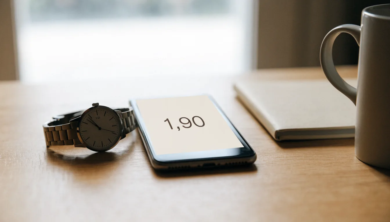 Ein Smartphone liegt mit dem Display nach unten auf einem Tisch neben einer Armbanduhr, im Hintergrund ein unscharfes Fenster.
