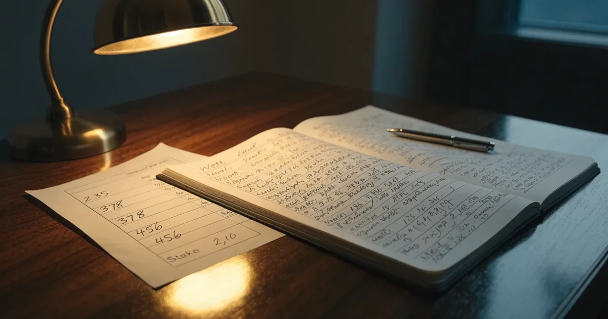 Eine Schreibtischlampe beleuchtet am späten Abend einen Block mit handschriftlichen Notizen und einen Stift.